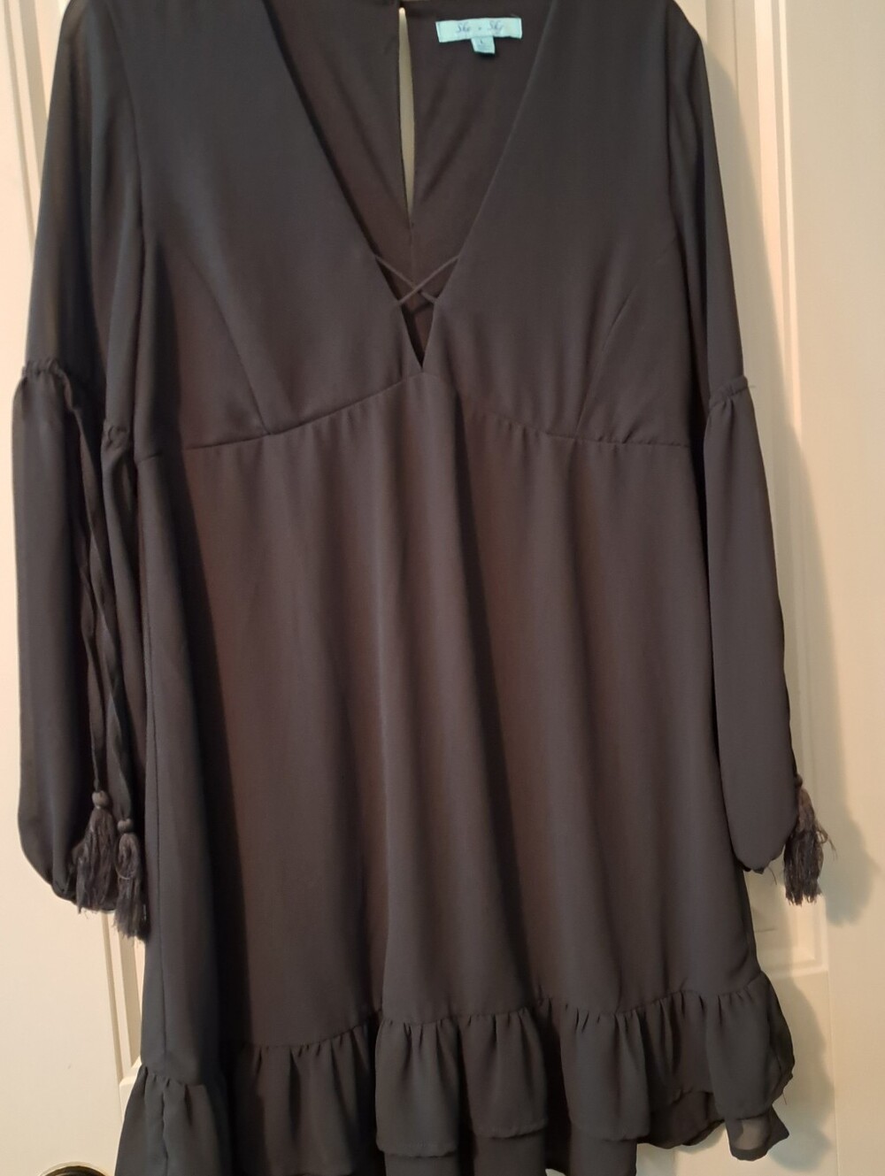 She + Sky Elegant Gray Sheer Long-Sleeve Dress NWOT
